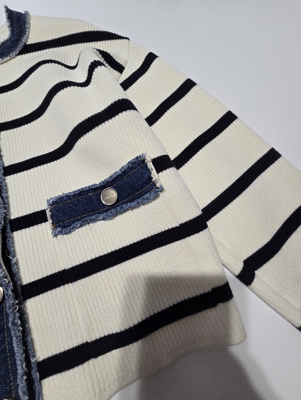 Sandro Stripey Cardigan With Denim Details Knit Crew Neck Long Sleeves Size S - Picture 5 of 13